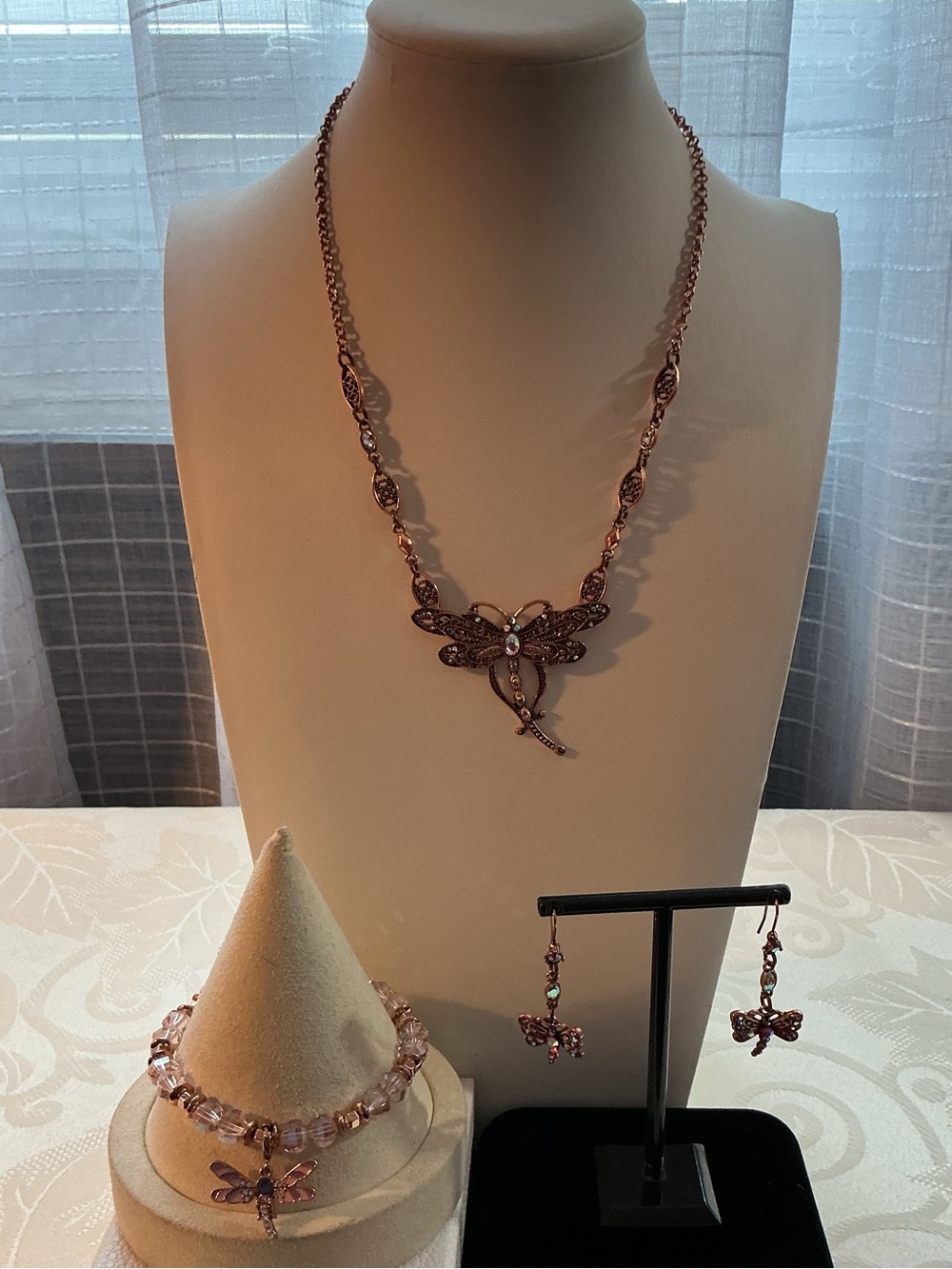Dragonfly 3-Piece Aurora Borealis Copper Tone Necklace, Bracelet & Earring Set